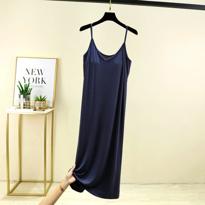 V-Neck Spaghetti Strap Dress Bra Padded Summer women's slipdress Solid color Camisole Homewear dresses Comfortable Sleepdress