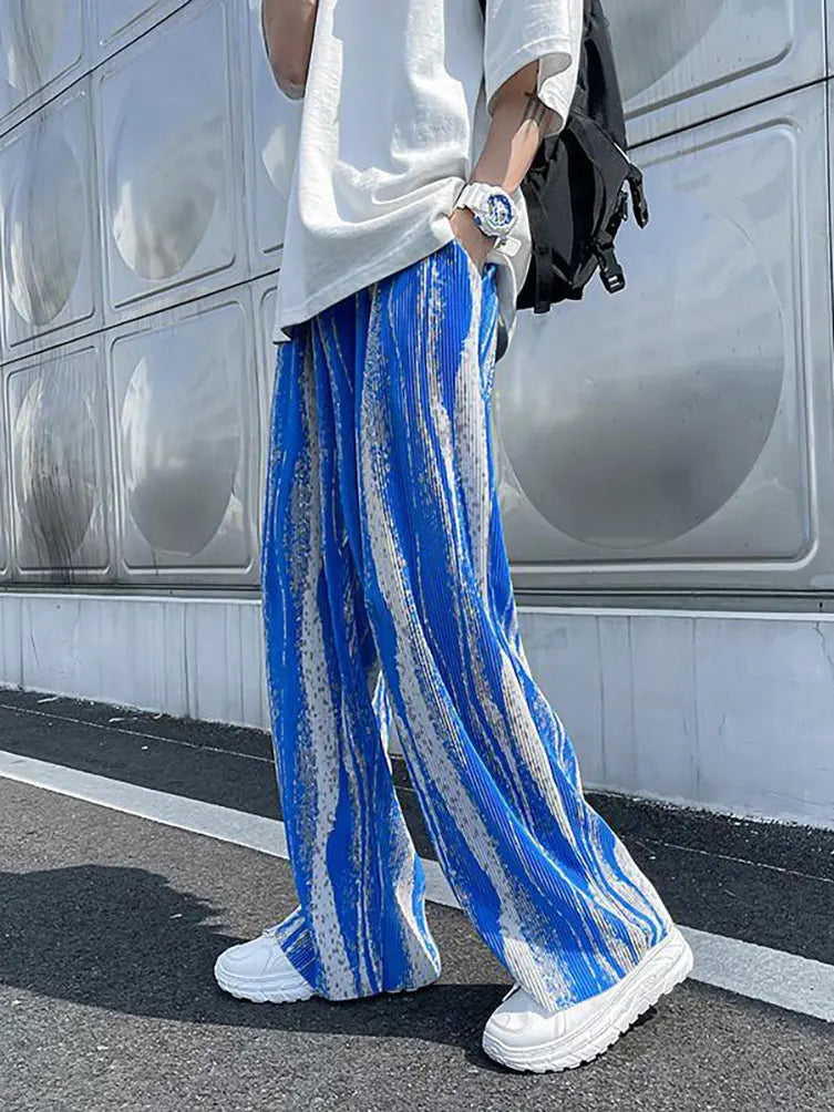 Streetwear Tie-Dye Ice Silk Summer Baggy Wide Leg Oversize Pants Men Japenese Harajuku Straight Long Trousers Korean Popular