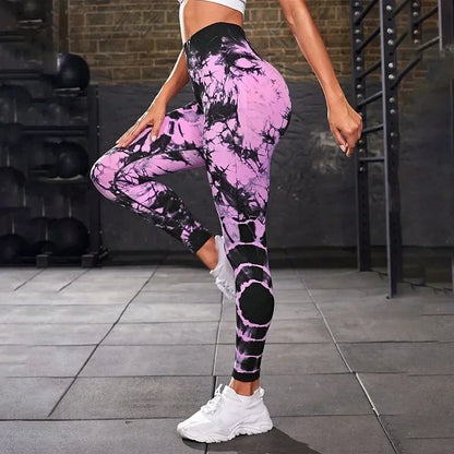 Seamless Tie Dye Leggings Women Fitness High Elastic Leggings High Waist Hip Liftting Fashion Knit Pants Gym Workout Slim Tights