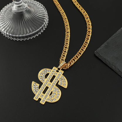 Gold Color Hip Hop Iced Out Crystal Dollar Sign Pendant Necklaces for Men Boys 10mm Width Chunky Chain Party Bar Accessory Gifts