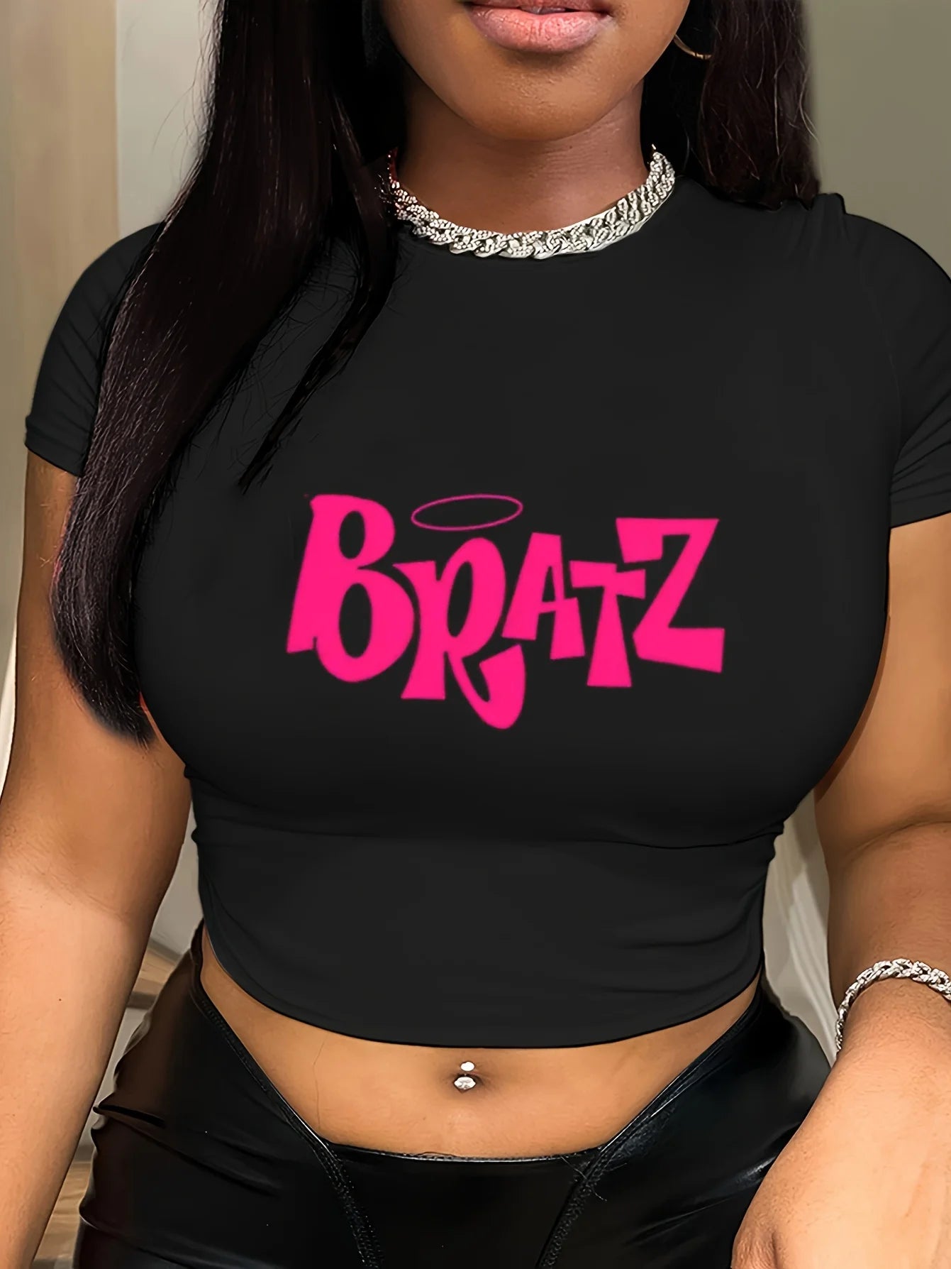 100% Cotton Women Crop T-shirts Y2k Pink Bratz Letter Printed Tee Shirts O-Neck Tight Short Sleeves Clothes Fashion Female Tops