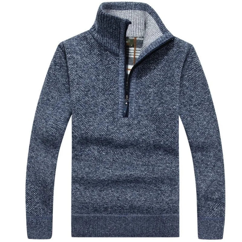 2024 Men's Fleece Thicker Sweater Half Zipper Turtleneck Warm Pullover High Quality Male Slim Knitted Wool Sweaters