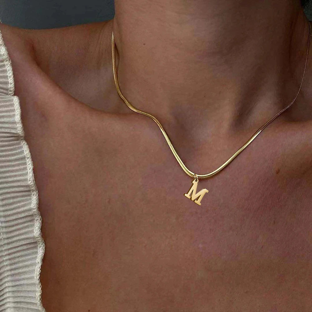 Stainless Steel Initial Necklace for Women A-Z Alphabet Gold Color Snake Chain Choker Necklaces Letter Collar Pendant Jewelry