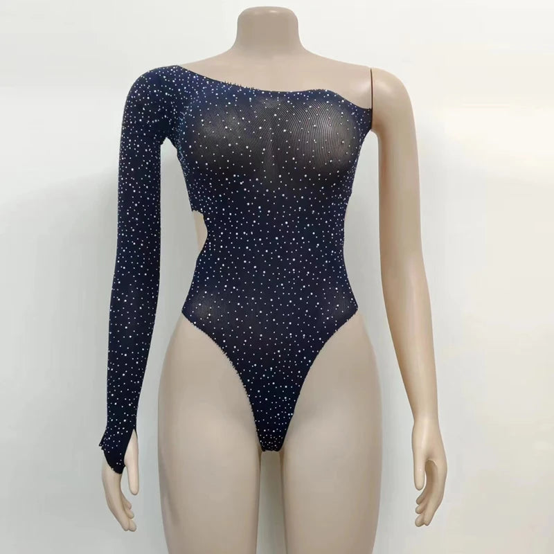 Women's Mesh Lingerie Rhinestone Body Long Sleeve Mesh Bodystockings Sexy Lingerie Black Sparkling Backless Bodycon Bodysuits