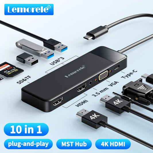 Lemorele USB-C Hub 10Ports Docking Station USB Type C to Dual HDMI 4K 30Hz VGA USB 3.0 Adapter PD100W SD Card Reader for MacBook