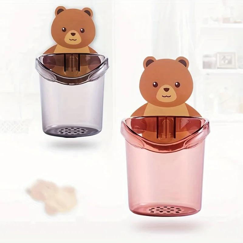 2pcs Cute Bear Pattern Wall Mounted Toothbrush Storage Rack Bathroom Multifunctional Toothbrush Container Bathroom Accessories