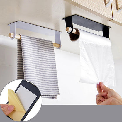 Bathroom Accoessories Wood Towel Storage Rack Bar Kitchen Adhesive Roll  Paper Holder Cabinet Cling Film Rag Hanging Holder