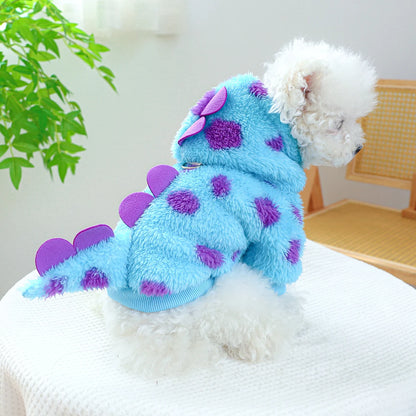 1PC Pet Clothing Dog Cat Autumn and Winter Thickened Warm Blue Dinosaur Hooded Coat With Drawstring Buckle For Small Medium Dogs