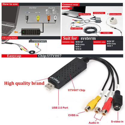 USB Easy Cap Adapter S-Video 3RCA CVBS AV to USB 2.0 Video Capture Card Recorder Cable for TV DVD VHS DVR Video Audio Converter