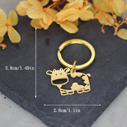 QIMING Cute Animal Cow Keychains Women Stainless Steel Jewelry Lovely Key Rings Men Party Gift