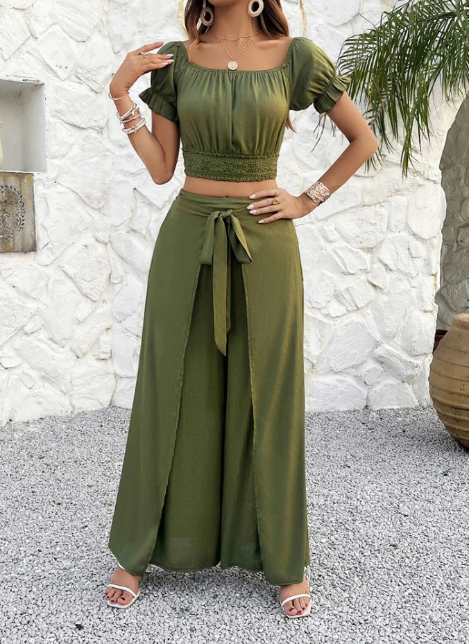 Sexy Elegant Temperament Solid Color Crop Top Wide Leg Pants Set New Fashion 2024 Summer Casual Womens Two Piece Sets Outfit