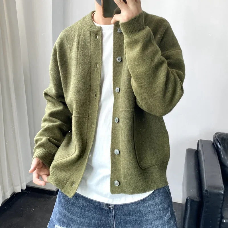 Japanese Style Men's Cardigan Sweater Knitted Top Round Neck Jacket Simple Loose-fit Thickened Casual Pullover Sweater Jacket