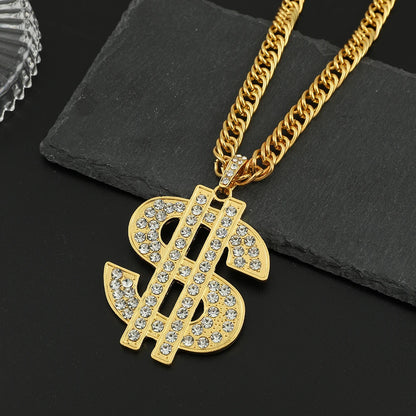 Gold Color Hip Hop Iced Out Crystal Dollar Sign Pendant Necklaces for Men Boys 10mm Width Chunky Chain Party Bar Accessory Gifts