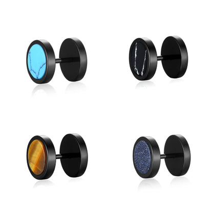 Trend Stainless Steel Ear Stud Men Turquoise Tiger Eye Blue Sand Stone Dumbbell Shape Earrings For Ｍale Hip Hop Rock Ear Jewelry