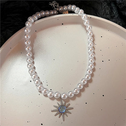 Gothic Y2k Punk Fashion Vintage Sun Star Pendant Clavicle Chain Pearl Choker Necklace For Women Men Charms Grunge EMO Jewelry