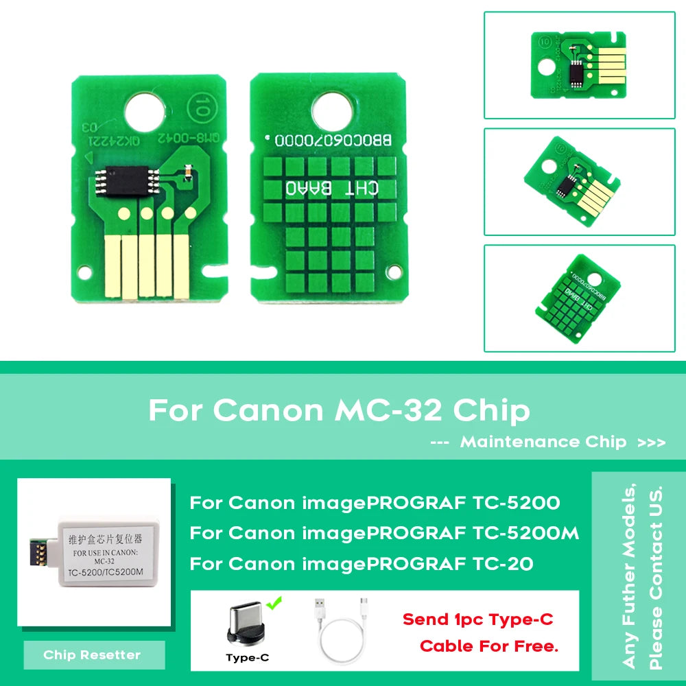 2Pcs MC32  MC-32 Maintenance Box Chip For Canon TC-20 TC 5200 5200M 20 TC-5200 TC-5200M Printers Waste Ink Tank Chips