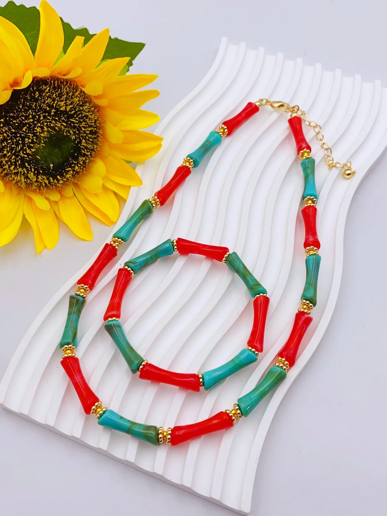 Colorful Handmade Elastic Bracelet and Necklace Set with Bamboo Acrylic Beads, Perfect for Women's Daily Wear jewelry for women