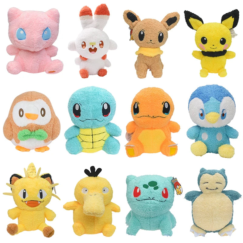 Rowlet Piplup Charmander Pokemon Plush Toys Pichu Mew Snorlax Meowth Psyduck Scorbunny Rabbit Curly Fluff Stuffed Peluche Dolls