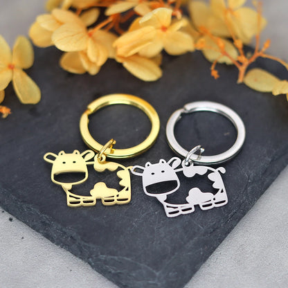 QIMING Cute Animal Cow Keychains Women Stainless Steel Jewelry Lovely Key Rings Men Party Gift