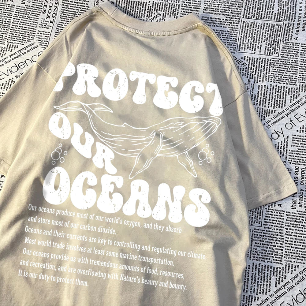 Protect Our Oceans Whale Landing Clothing Men Summer New T-Shirts Vintage Loose Half Sleeves Personality Oversize T-Shirts Women