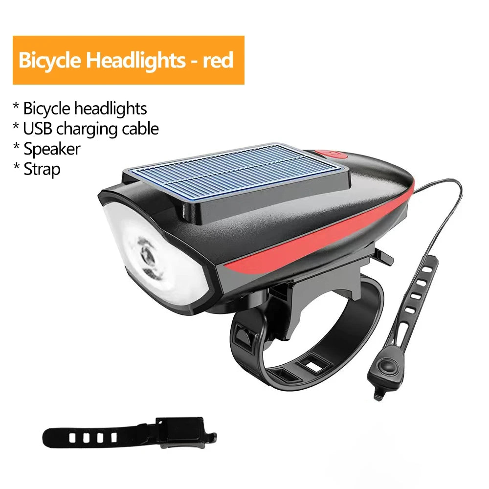 Solar Bicycle Light with Horn LED Bike Front Lamp Headlight for Bicycle MTB Mountain Road Bike Electric Bell Cycling Accessories