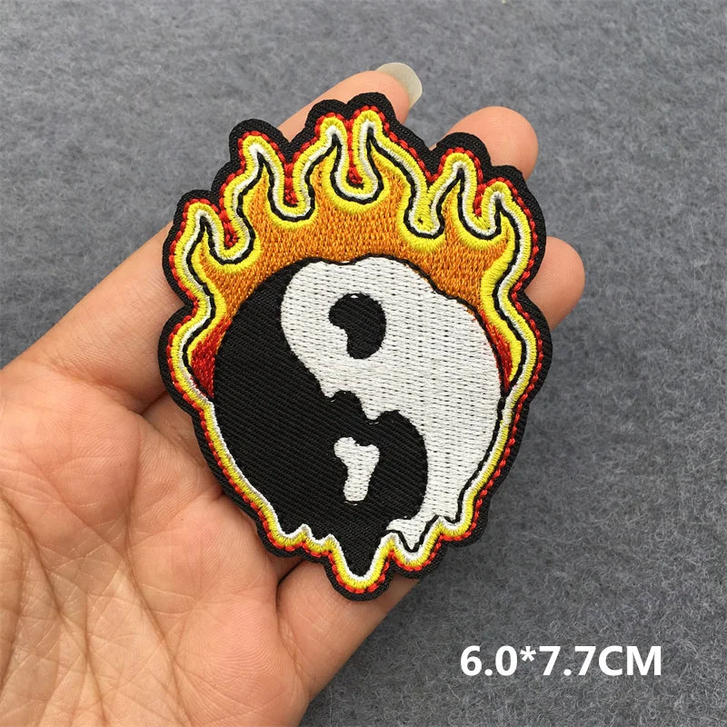 Flame Heart Patch Iron On Patches On Clothes Punk Stickers Embroidered Patches For Clothing Badge DIY