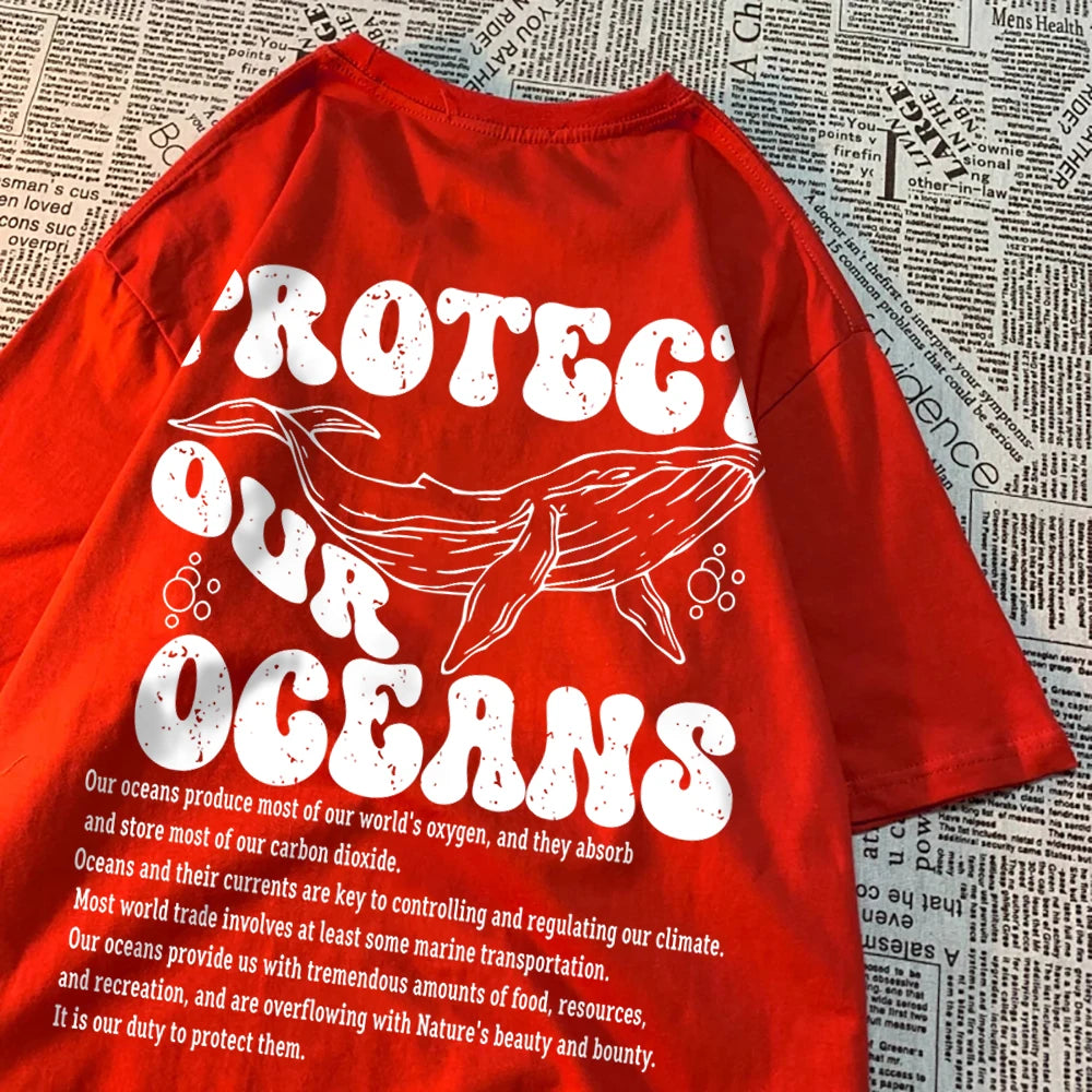 Protect Our Oceans Whale Landing Clothing Men Summer New T-Shirts Vintage Loose Half Sleeves Personality Oversize T-Shirts Women