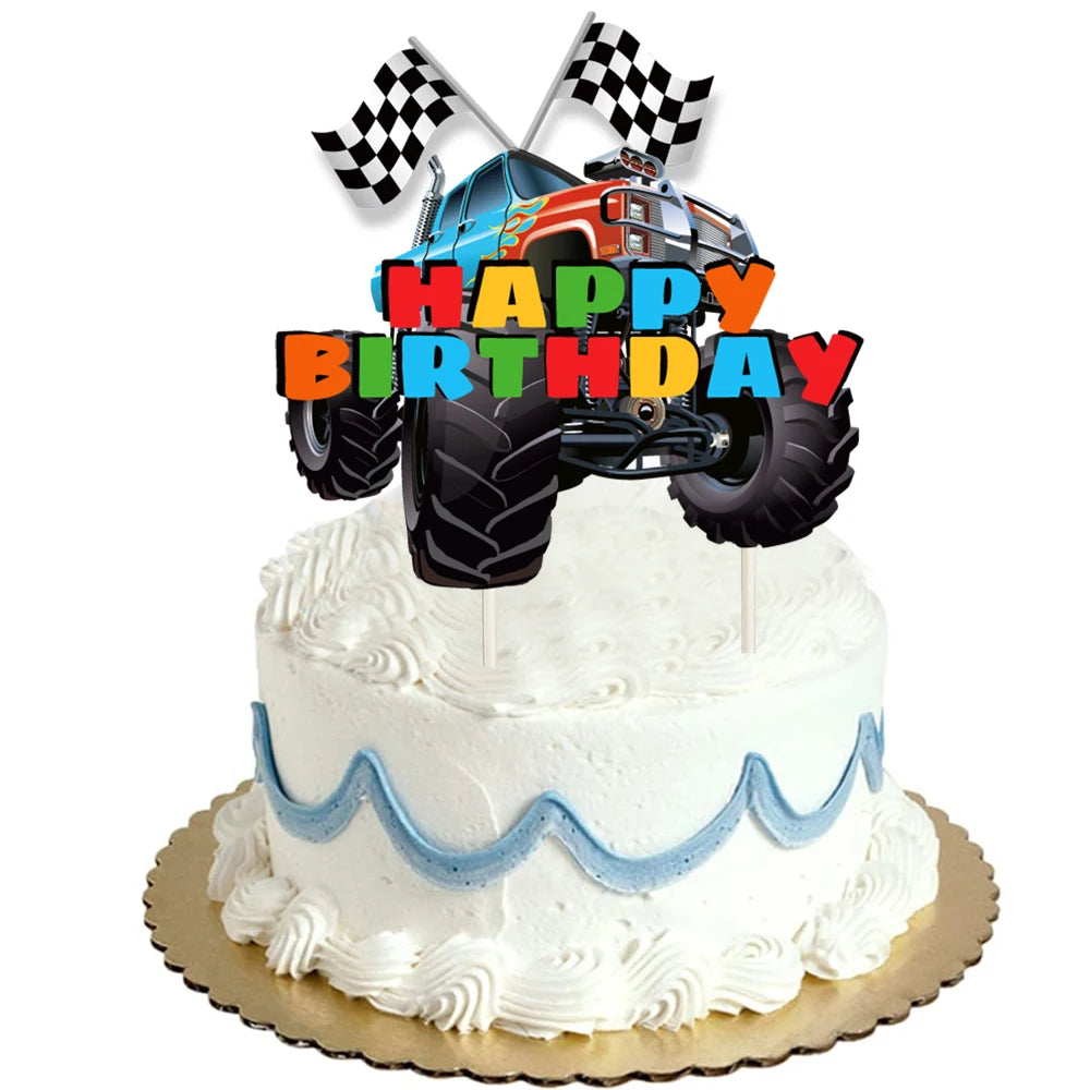 Monster Truck Happy Birthday Cake Topper Racing Car Black And White Checkered Flag Cake Decor Monster Truck Party Supplies