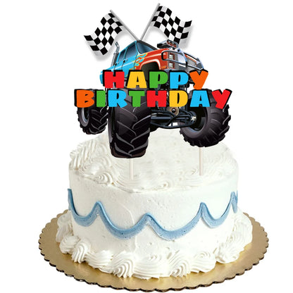 Monster Truck Happy Birthday Cake Topper Racing Car Black And White Checkered Flag Cake Decor Monster Truck Party Supplies