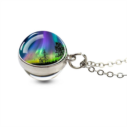 Aurora Borealis Necklaces Polar Light Life Tree Two Sided Pattern Glass Ball Pendant Chains Necklace for Women Men Jewelry Gift