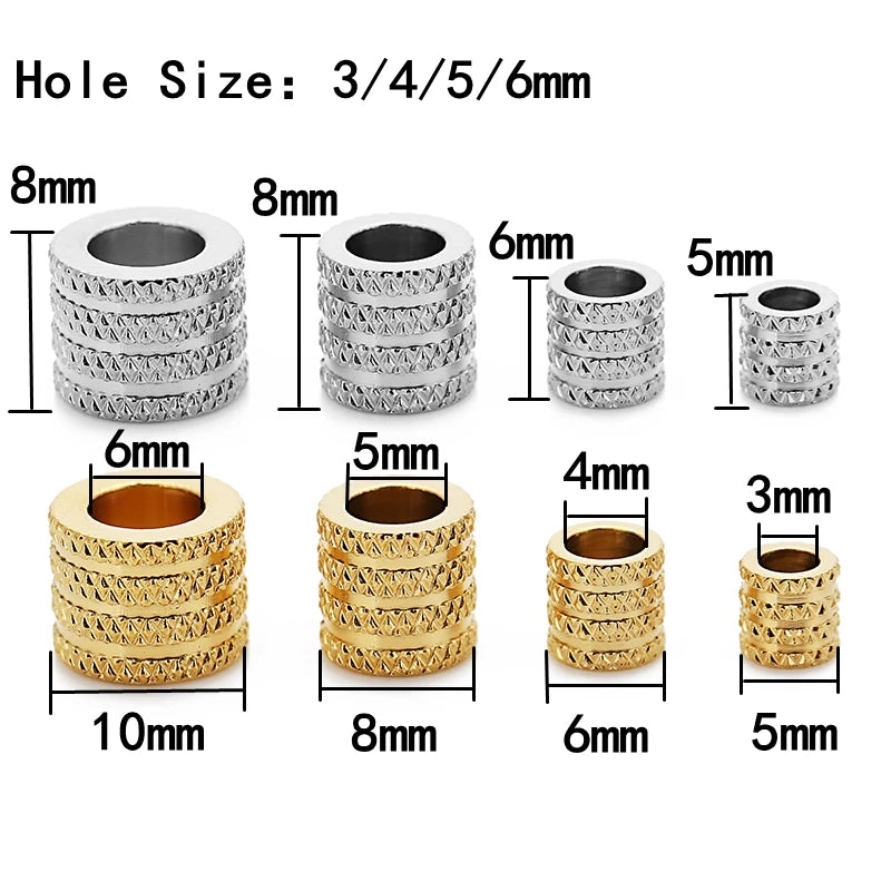 10pcs 3 4 5 6mm Stainless Steel Large Hole Texture Loose Spacer Beads Charms for DIY Bracelets Necklace Jewelry Making Supplies