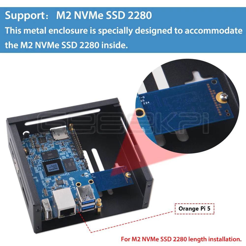 GeeekPi Orange Pi 5/5B Metal Case Enlosure Iron Shell with Cooling Fan Heatsinks Supports 2280 SSD