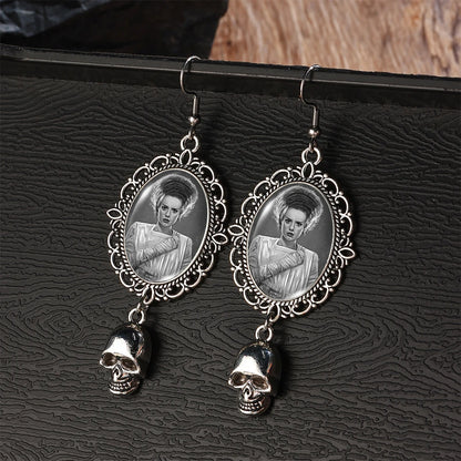 2024 New Arrival Fashion Halloween Frankenstein and His Bride Fish Hook Earrings Handmade Skeleton Dangles