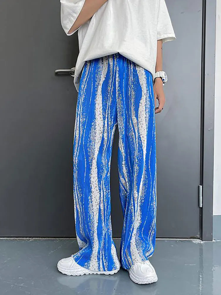 Streetwear Tie-Dye Ice Silk Summer Baggy Wide Leg Oversize Pants Men Japenese Harajuku Straight Long Trousers Korean Popular