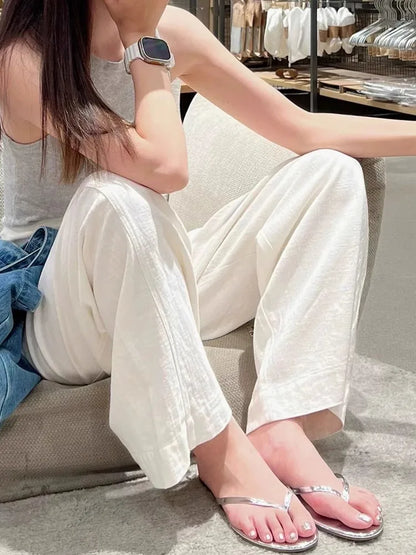 Early Spring New Style White Cotton Linen Wide Leg Pants High Waist Drooping Slimming Straight Casual Pants Women's Clothing