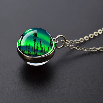 Aurora Borealis Necklaces Polar Light Life Tree Two Sided Pattern Glass Ball Pendant Chains Necklace for Women Men Jewelry Gift