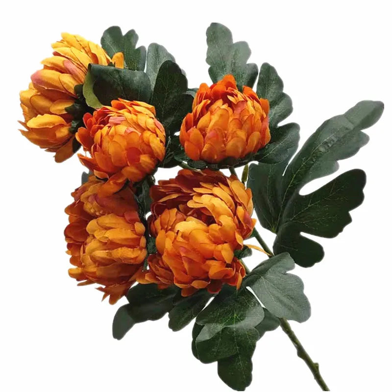 One Artificial Chrysanthemum 5 Heads Yellow Orange White Silk Pineapple Chrysanthemum Flower