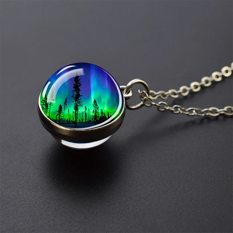 Aurora Borealis Necklaces Polar Light Life Tree Two Sided Pattern Glass Ball Pendant Chains Necklace for Women Men Jewelry Gift