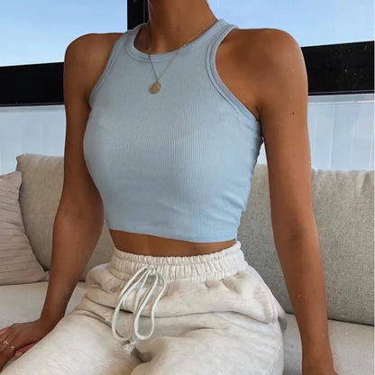 Ribbed Tank Top Women White 2020 Summer Casual Fitness Short Vest Candy Colors Knitted Off Shoulder Sexy Crop Top Women