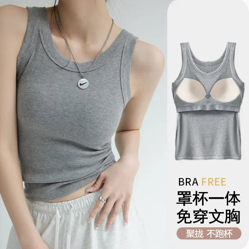 2024 New Women Solid Round Neck Ribbed Tank Top Camisole Women Summer Basic Elastic TankTop One-piece Vest with Chest Pad Y2k