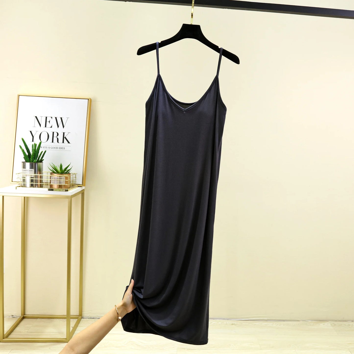 V-Neck Spaghetti Strap Dress Bra Padded Summer women's slipdress Solid color Camisole Homewear dresses Comfortable Sleepdress