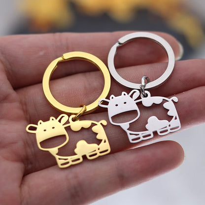 QIMING Cute Animal Cow Keychains Women Stainless Steel Jewelry Lovely Key Rings Men Party Gift