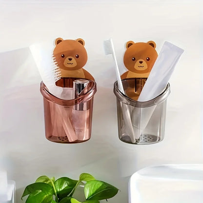 2pcs Cute Bear Pattern Wall Mounted Toothbrush Storage Rack Bathroom Multifunctional Toothbrush Container Bathroom Accessories