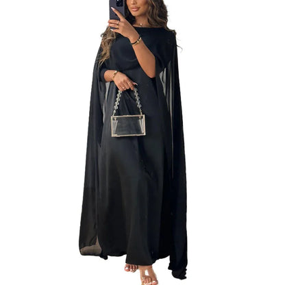 New Elegant Women Big Hem Long Dress Casual O Neck Solid Color Chiffon Loose Dress Muslim Ladies Shawl Sleeve Evening Dress Robe