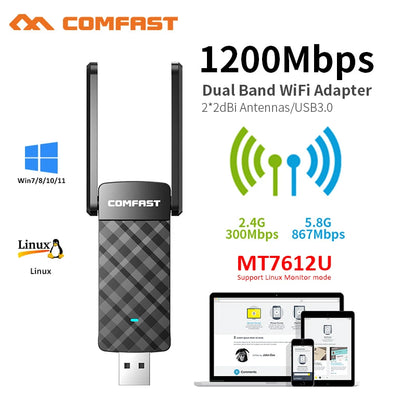 1200Mbps Adaptador Wifi Usb 3.0 Wi fi Adapter 5Ghz/2G MT7612U 2*2dbi Antena Para PC Receptor De Rede Kali Linux Cle Dongle Card