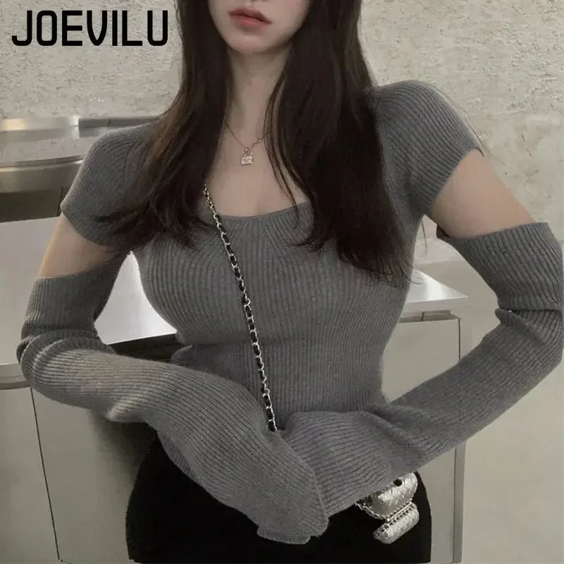 JOEVILU Skinny Pullovers Square Neckline Removable Sleeve Knitting Sweater Korean Fashion Harajuku Jumper Hollow Out Y2k Tops