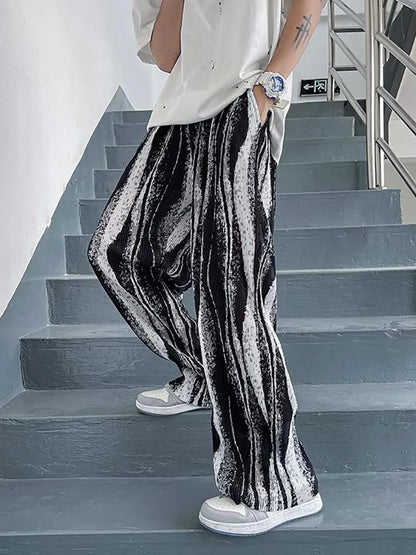 Streetwear Tie-Dye Ice Silk Summer Baggy Wide Leg Oversize Pants Men Japenese Harajuku Straight Long Trousers Korean Popular