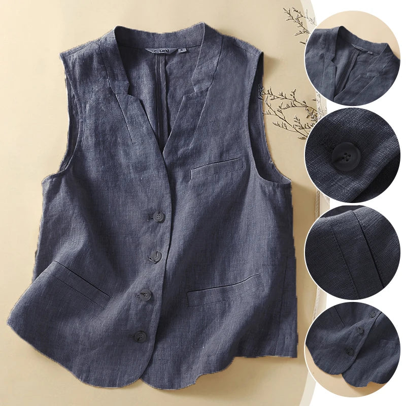 Women's Summer Cotton Linen Vest Casual Loose V-neck Sleeveless Jacket Coat Korean Style Fashion Elegant Casual Vest Top M-2XL