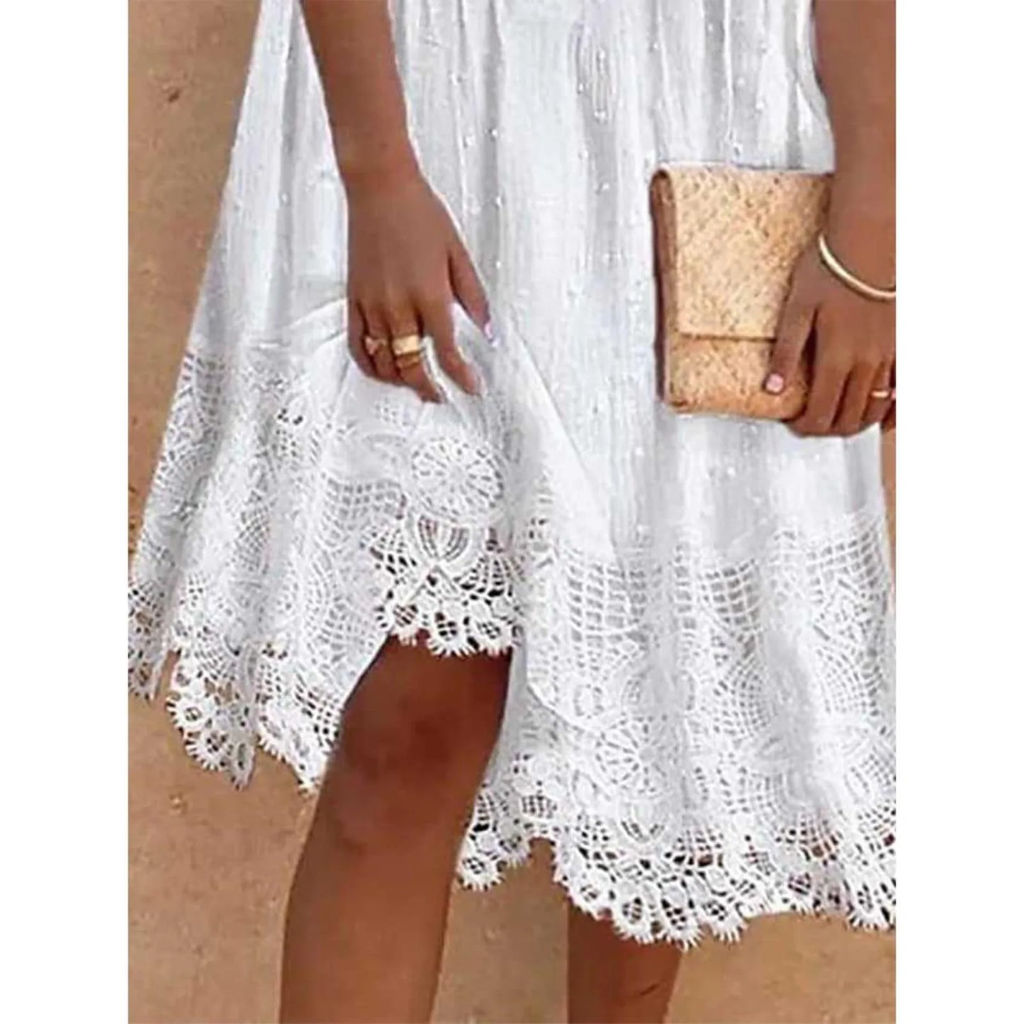 Elegant Chic Dress Women'S Lace Summer Casual White Dress Spring Lace Polka Dot Short Sleeve Dress Cotton Dress платье женское