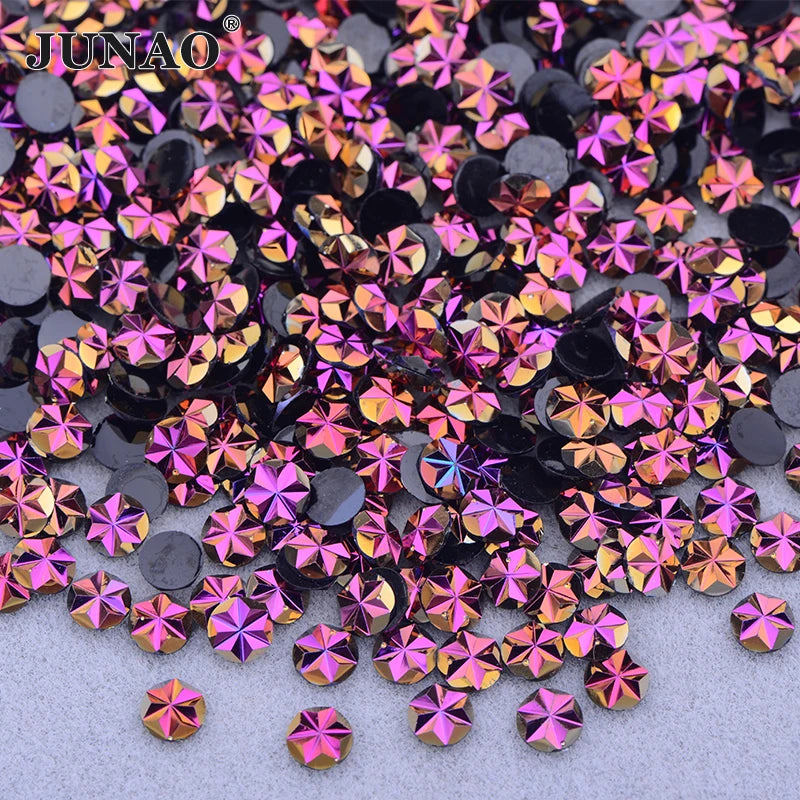 JUNAO 500pcs 5mm Purple AB Resin Flower Rhinestone Flatback Crystal Appliques Round Nail Stone Non Hotifix Strass Stickers